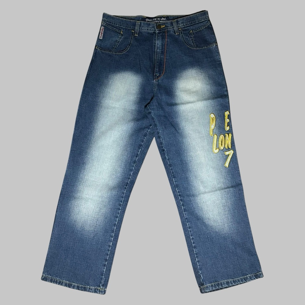 Pepe Jeans London Men's 36x32 Baggy Wide Leg Y2k Embroidered Light Blue Denim